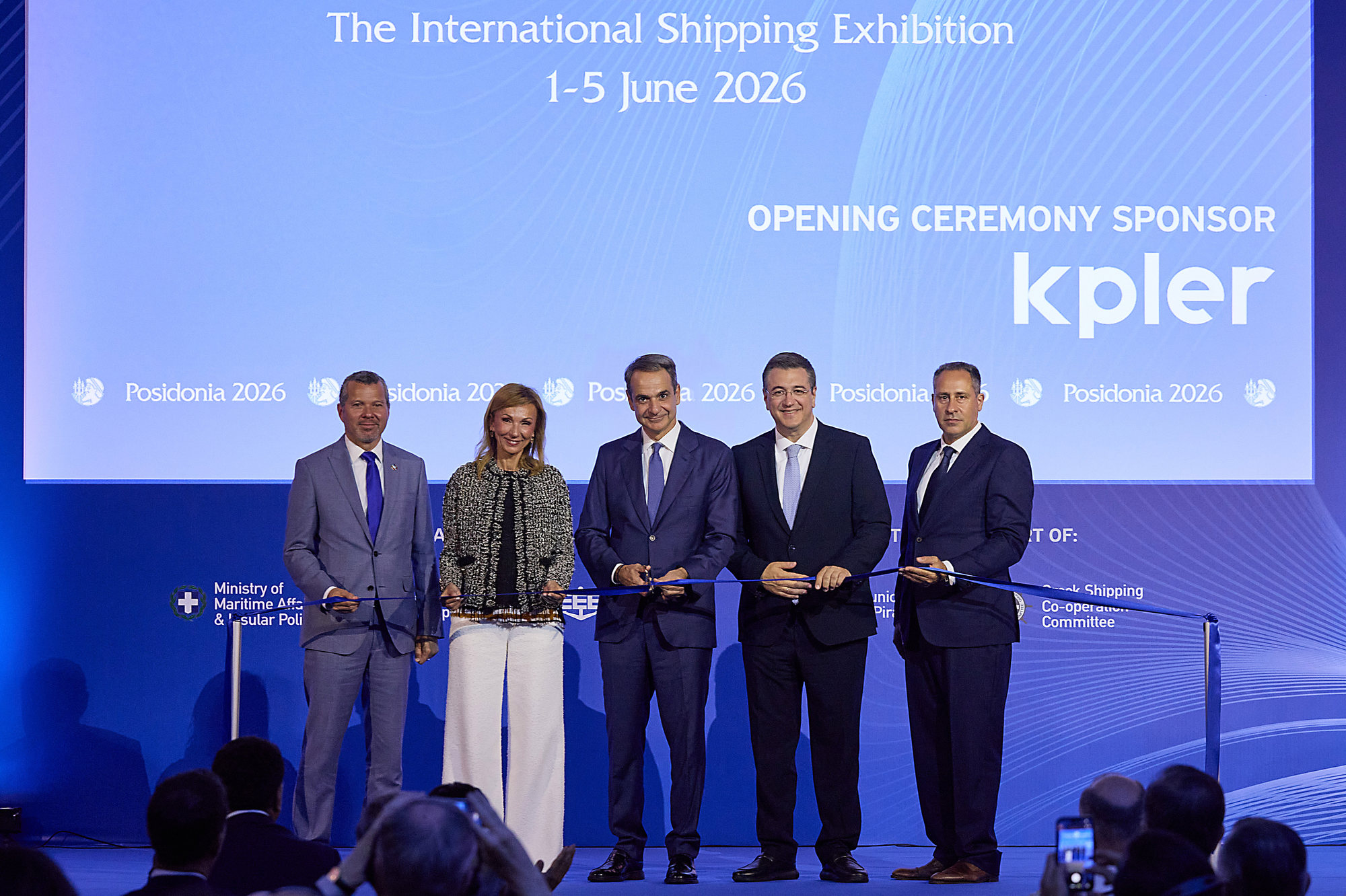(from left) Mr Arsenio Dominguez, Secretary-General of the International Maritime Organisation (ΙΜΟ), Mrs Melina Travlos, President of the Union of Greek Shipowners (UGS), Mr Kyriakos Mitsotakis, Prime Minister of Greece, Mr. Apostolos Tzitzikostas, European Commissioner for Sustainable Transport and Tourism, Mr Theodore Vokos, Managing Director of Posidonia Exhibitions S.A.